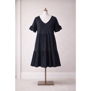 Women's Dark Blue Tiered Dress Size Large Ruffle Sleeve Short Casual Stretch#136